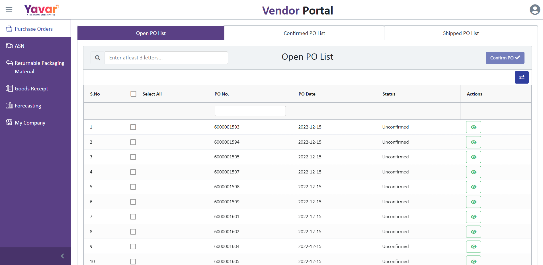 Screenshots of the Vendor Management application